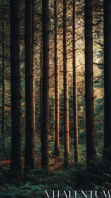 Crepuscular Rays Filter Through Tall Forest Canopy