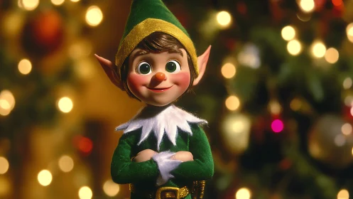 Smiling Christmas elf portrait with festive bokeh lights