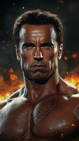 Battle-scarred bodybuilder amidst cinematic firestorm glow.