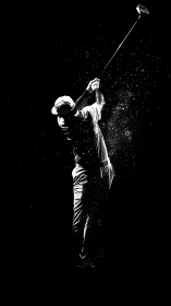 Midnight golf swing frozen in a burst of bright motion.