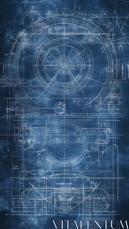 Futuristic circular mechanism blueprint over textured blue field