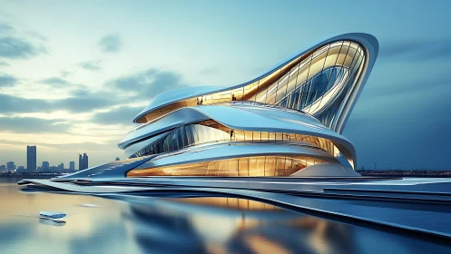 Futuristic Waterfront Building with Flowing Architecture.