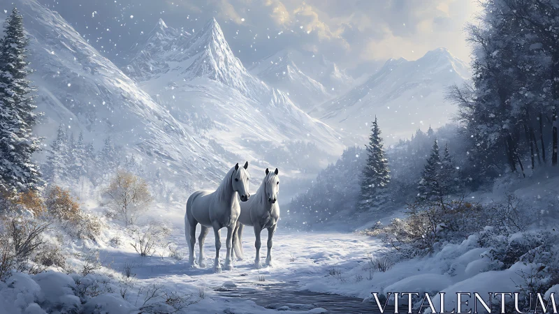 White horses in cinematic snowy alpine valley landscape.