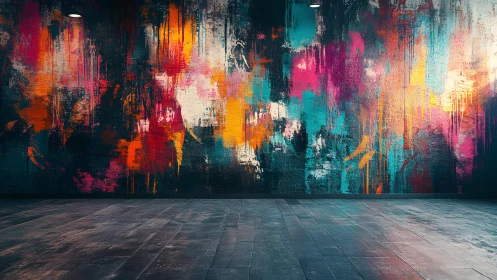 Vibrant abstract graffiti mural on textured wall in modern interior.