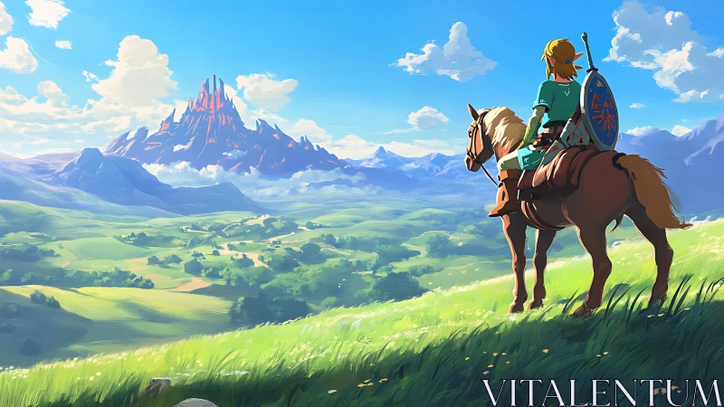 Rider on hillside surveys stylized valley and distant volcano