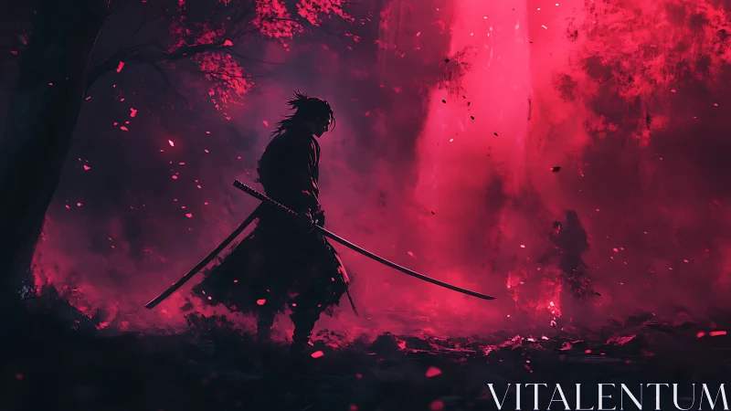 Lone samurai confronts a shadowed foe in crimson mist.