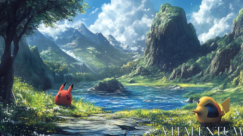 Pikachu daydreams in a lush fantasy valley by sparkling lake.