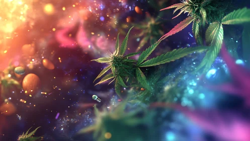 Celestial cannabis drifts through a nebula of glowing capsules