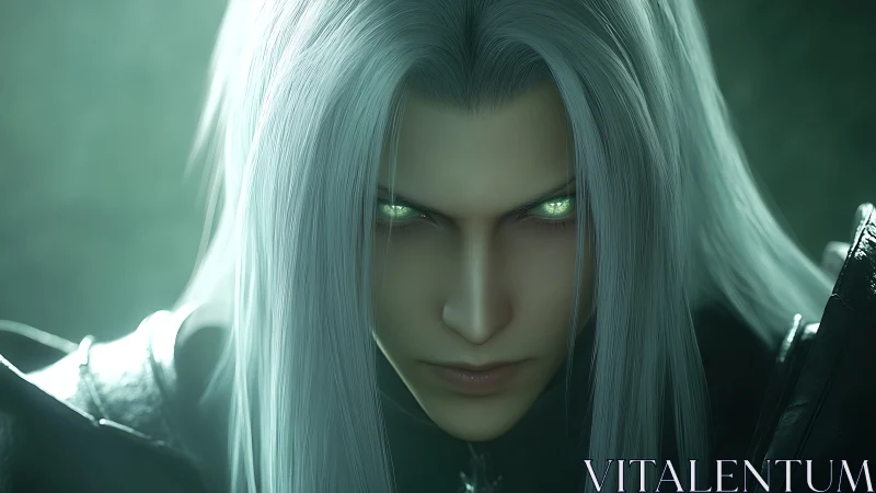 Silver haired character stares forward with glowing green eyes