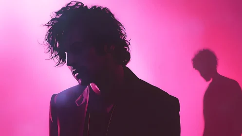 Silhouetted man leans in neon pink backlight with distant shadow