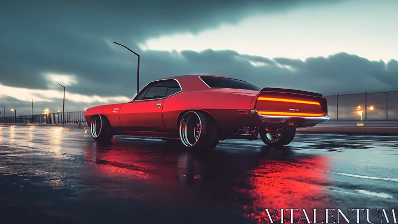 Red muscle car is parked on wet asphalt under overcast sky