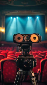Camera-like robot stands centered in empty theater auditorium