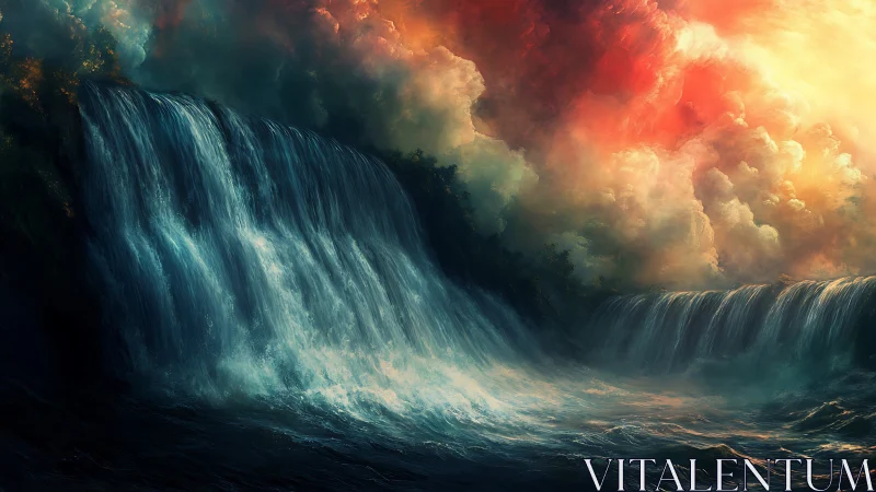 Storm-swept twin waterfalls beneath blazing celestial sky.