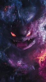 Dark ghost creature with glowing eyes in swirling cosmos