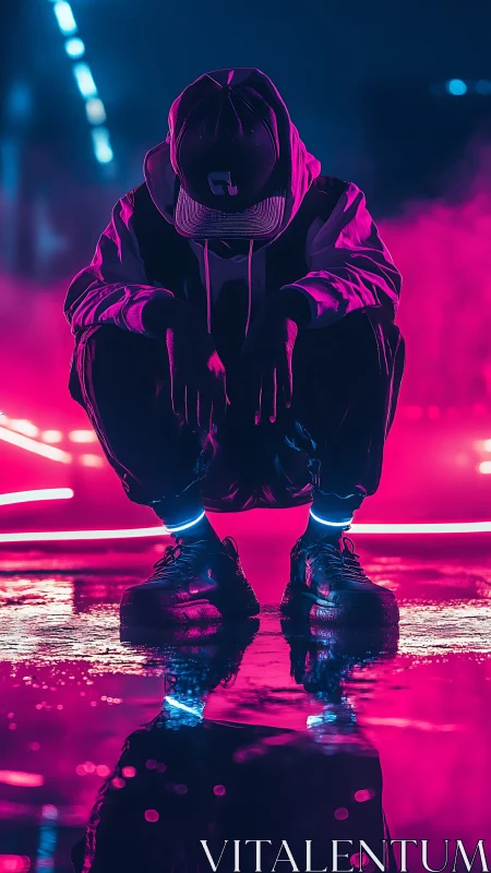 Hooded figure crouches over neon lit puddle at night