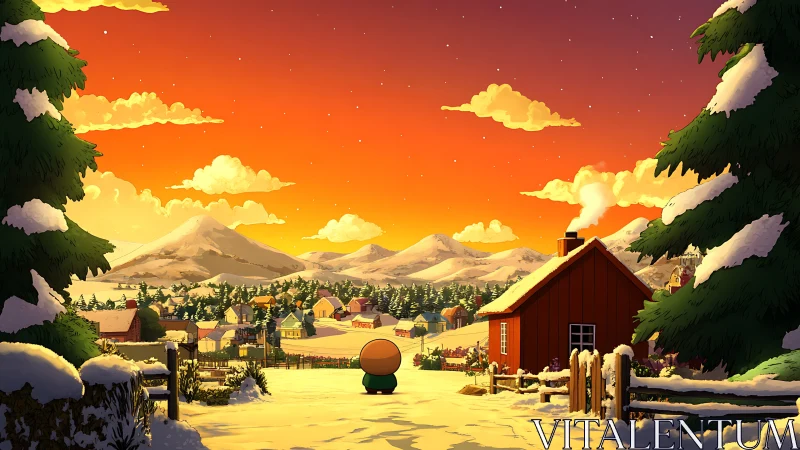 Sunset-illuminated snowy village rendered in stylized digital perspective