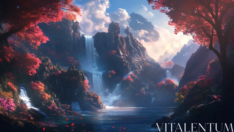 Layered waterfalls cut through vibrant red forest under volumetric light