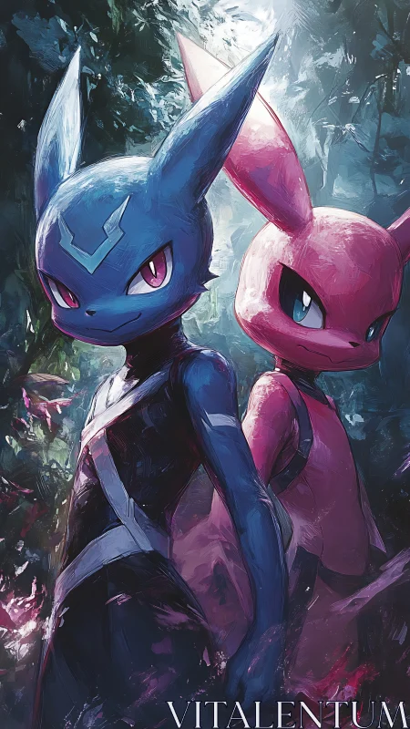 Digital painting of dual neon creatures in forest standoff.