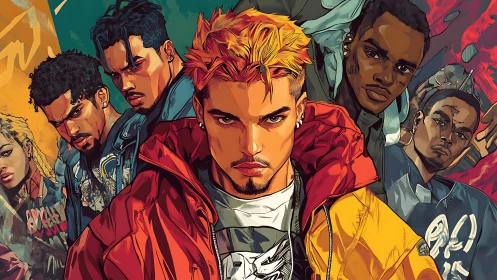 Urban ensemble portrait in high-saturation comic rendering.