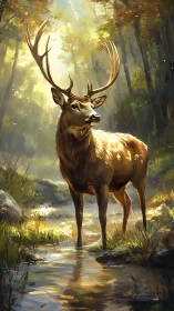 Male deer standing in shallow forest stream under sunlight.