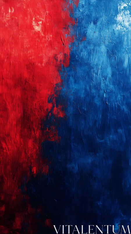 Bold red and blue abstract canvas divides vertical space