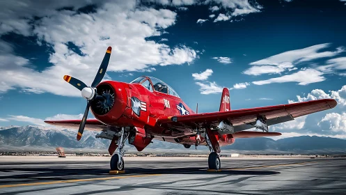 Restored red radial-engine trainer aircraft parked on sunlit runway