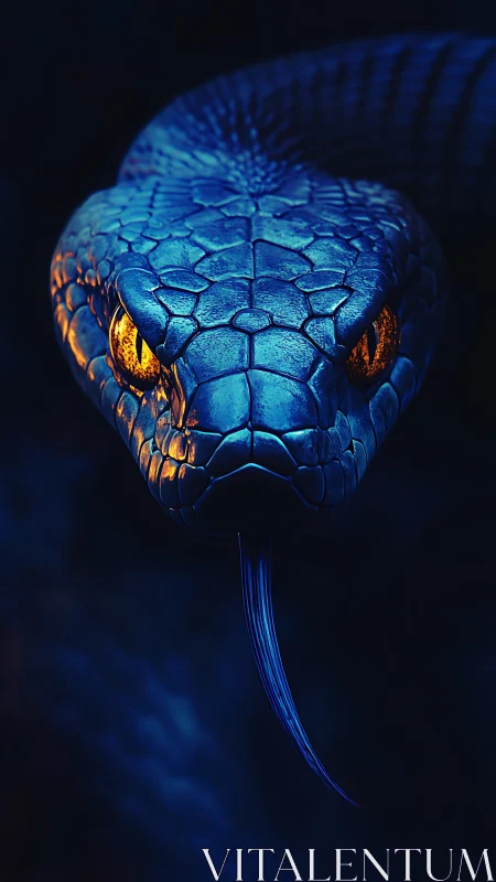 Mesmerizing blue serpent holds a calm, glowing golden gaze