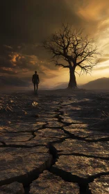 Solitary figure near barren tree on cracked arid ground.