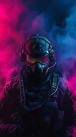 Tactical soldier in gas mask stands amid neon smoke clouds