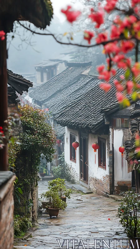 Misty stone alley through traditional Chinese village homes.