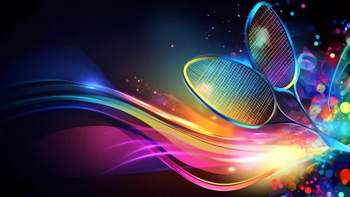 Vibrant tennis rackets streak through neon color waves at night