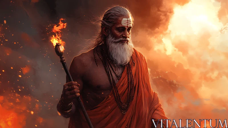 Elderly sage walks through burning sky holding flaming staff