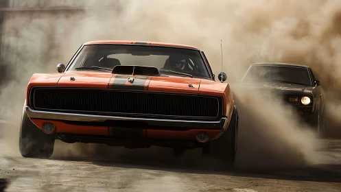 Vintage muscle cars drift through dense golden dust storm.