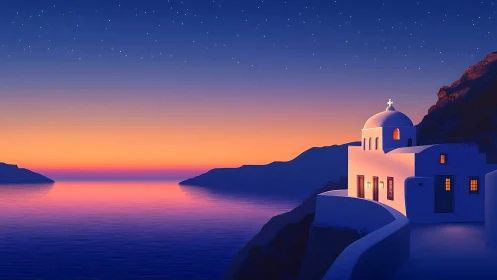 Twilight chapel above serene Aegean bay in glowing dusk.