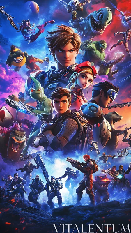 Color‑charged heroes rally against cosmic creature chaos.