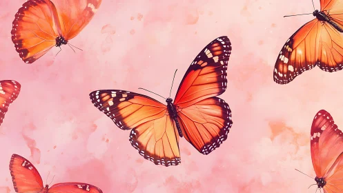 Vibrant orange butterflies drift gently across soft pink skies