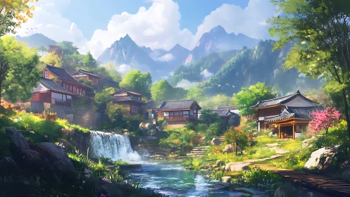 Mountain village riverscape with traditional East Asian dwellings.