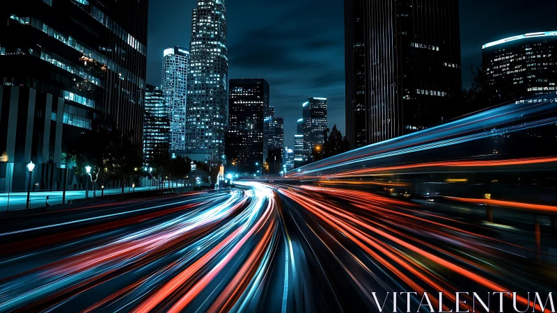 Electric night traffic paints glowing paths through the city