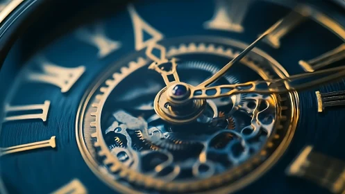 Intricate gold clockwork over deep blue roman dial closeup.
