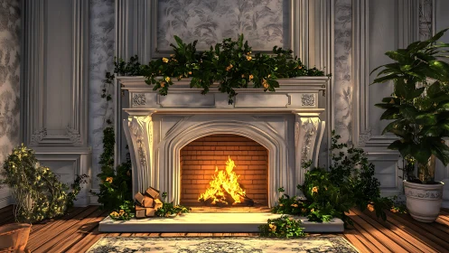 Ornamental Fireplace with Active Flames Surrounded by Holiday Botanicals.