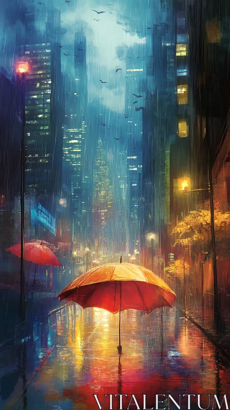 Lone crimson umbrella in neon soaked rainy night cityscape.