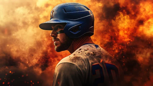 Baseball slugger stands focused against blazing firestorm backdrop