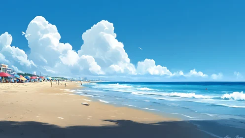 Sunny seaside escape with bright clouds and calm waves.