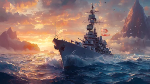 Sunlit warship cutting through storm-tossed seascape at dusk.