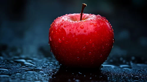 Red apple with water droplets on reflective dark surface.