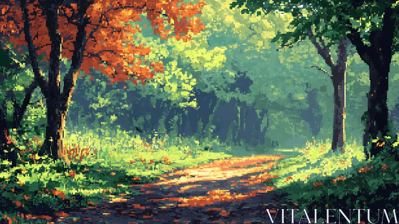 Pixel Art Forest Path with Autumn Foliage.