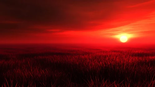 Radiant red sunset glowing over a quiet, endless field.