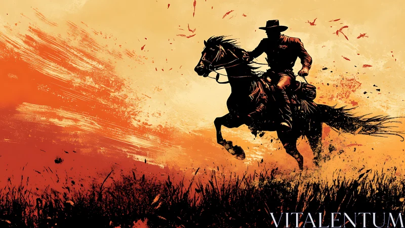 Cowboy silhouette riding through abstract orange dust.