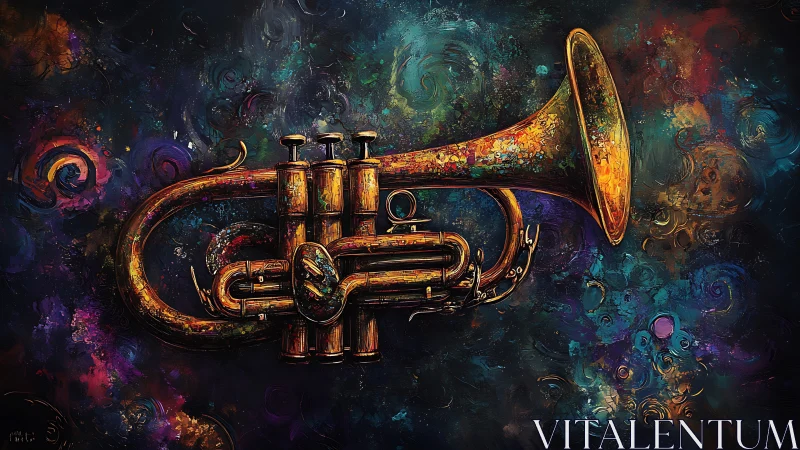 Vibrant jazz trumpet floats in swirling cosmic color haze