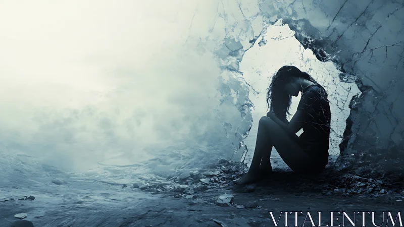 Silhouetted woman in broken ice cavern rendered in muted tones
